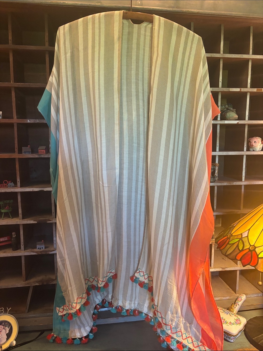 Free People Striped Lightweight Kimono with Teal and Coral Trim